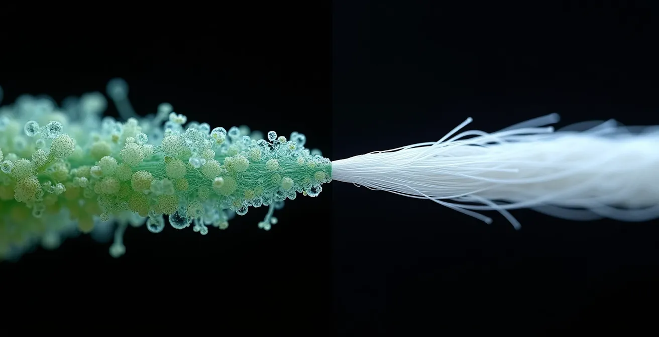 Microscopische vergelijking van algenvezel en nylon structuur