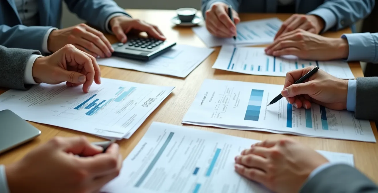 Close-up van handen die financiële documenten ordenen op bureau