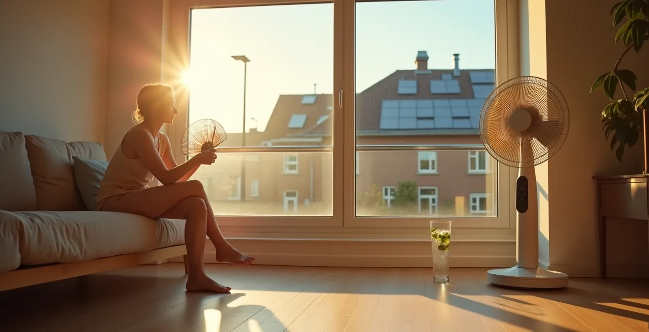 Bewoner zit met ventilator in moderne woonkamer tijdens hete zomerdag