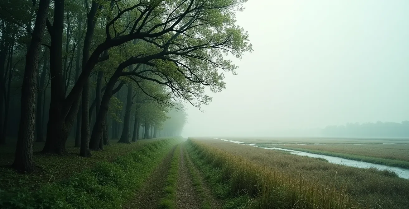 Split-screen beeld van een dicht bos links en een open Nederlands polderlandschap rechts.