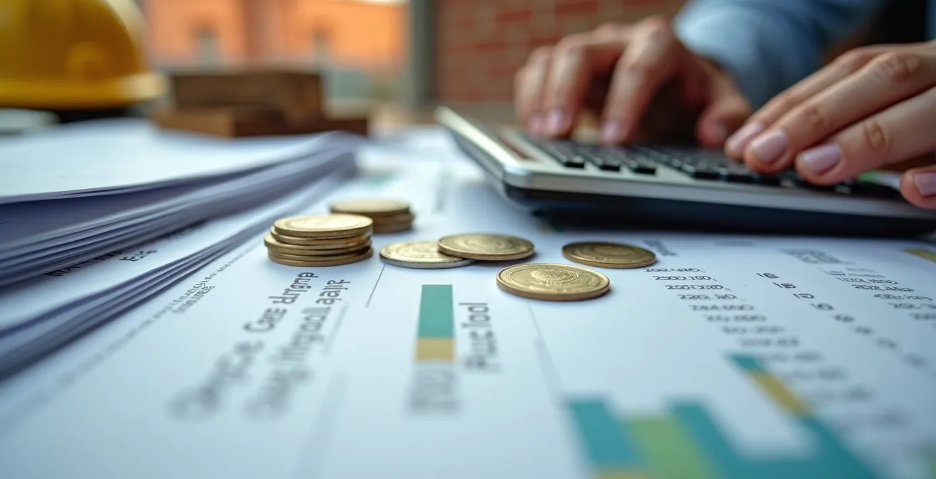 Close-up van gestapelde facturen en rekenmachine op bouwplaats