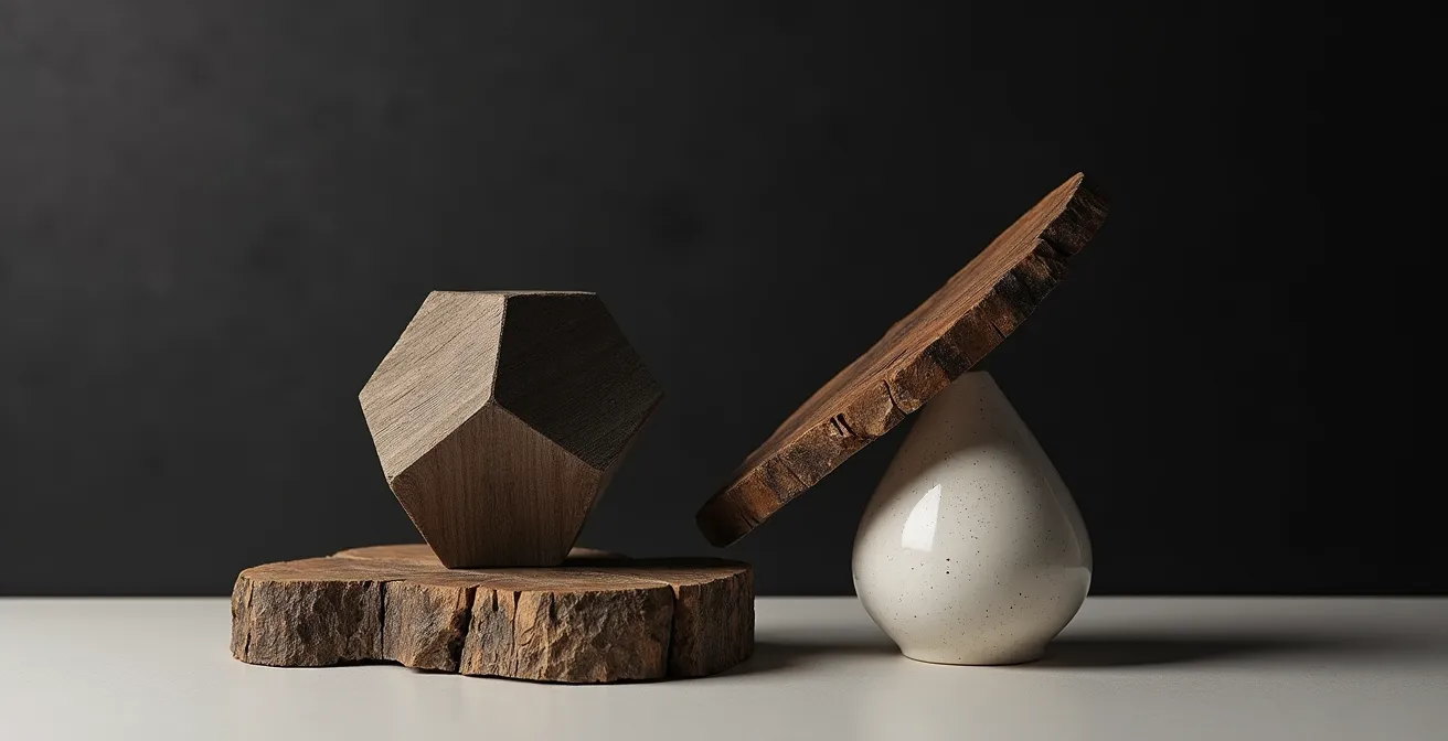 Symbolische compositie van speelse en serieuze designelementen in balans