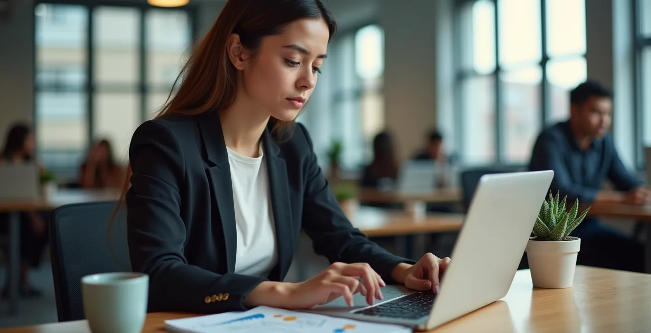 Zakenvrouw analyseert duurzaamheidsdata op laptop in modern kantoor