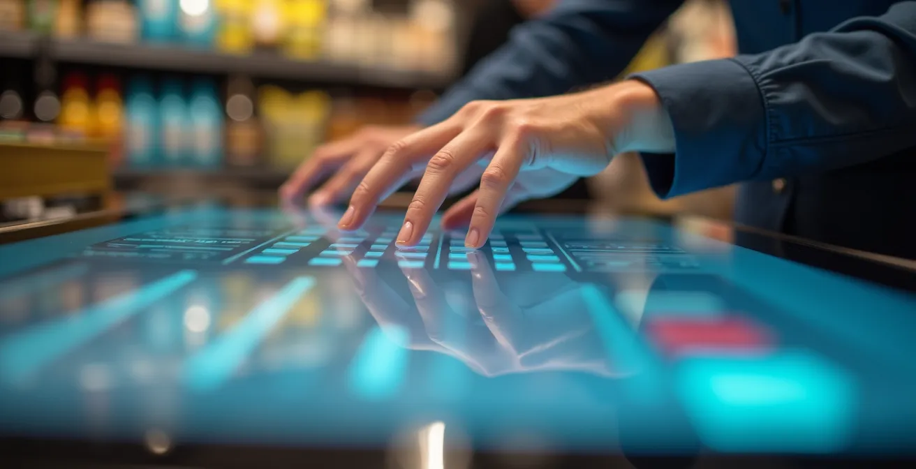 Close-up van handen die data invoeren op kassasysteem met focus op nauwkeurigheid