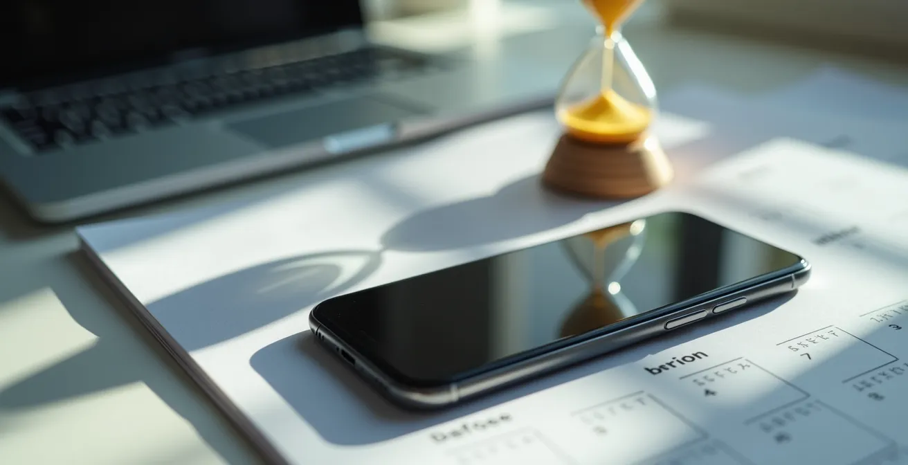 Sfeervolle compositie met smartphone waarop een gevulde digitale winkelwagen zichtbaar is, met kalender en klok die wachttijd symboliseren