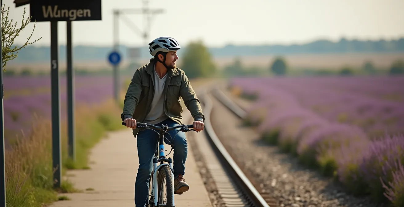 Fietser met OV-fiets bij treinstation in Drents natuurlandschap