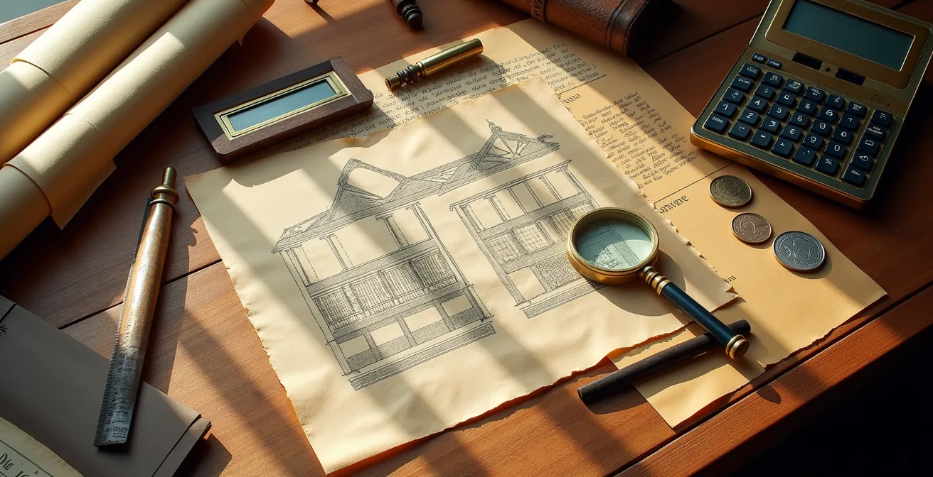 Overzichtelijk bureau met subsidiedocumenten en restauratieplannen voor monumenten