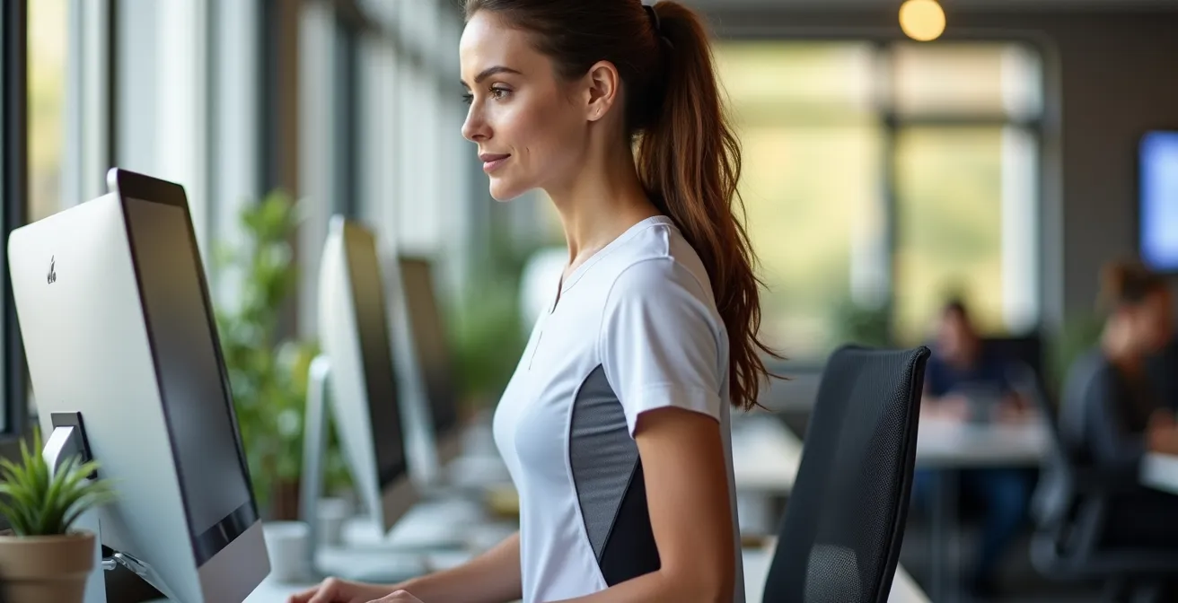 Persoon draagt slim shirt dat houding ondersteunt tijdens bureauwerk