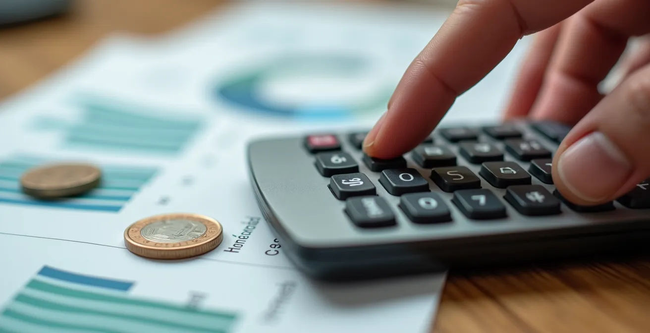 Close-up van rekenmachine en energieafrekeningen op tafel zonder leesbare tekst