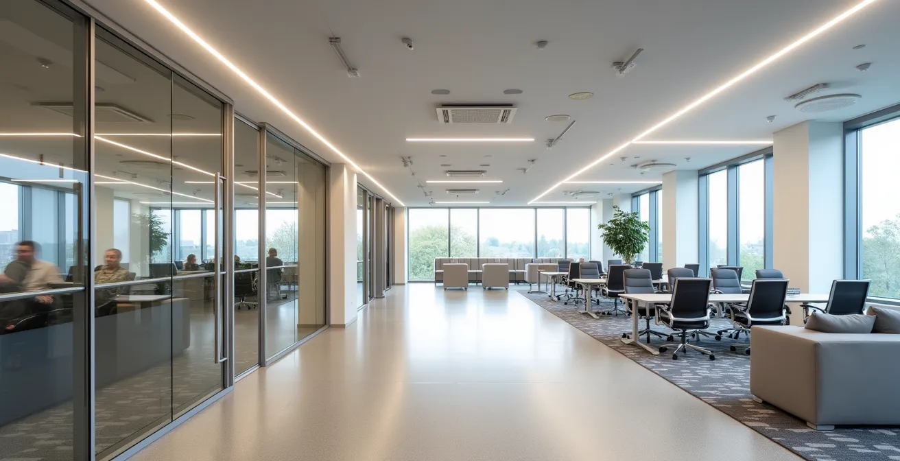 Moderne kantoorruimte met brede gangpaden en aangepaste werkplekken voor rolstoelgebruikers