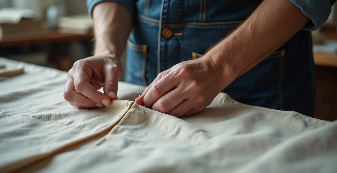 Close-up van handen die de naadkwaliteit van een kledingstuk testen met zichtbaar verschil tussen sterke en zwakke naden