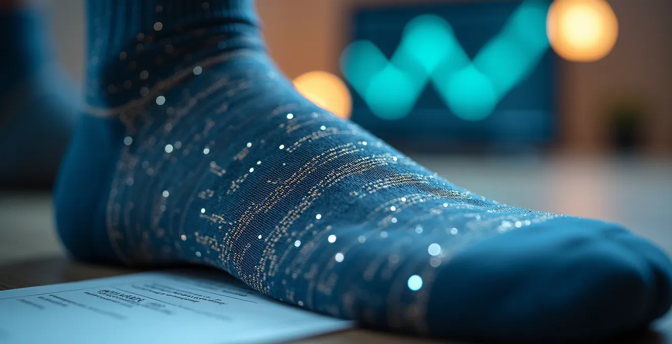 Close-up van slimme sokken met CE-markering documentatie op bureau