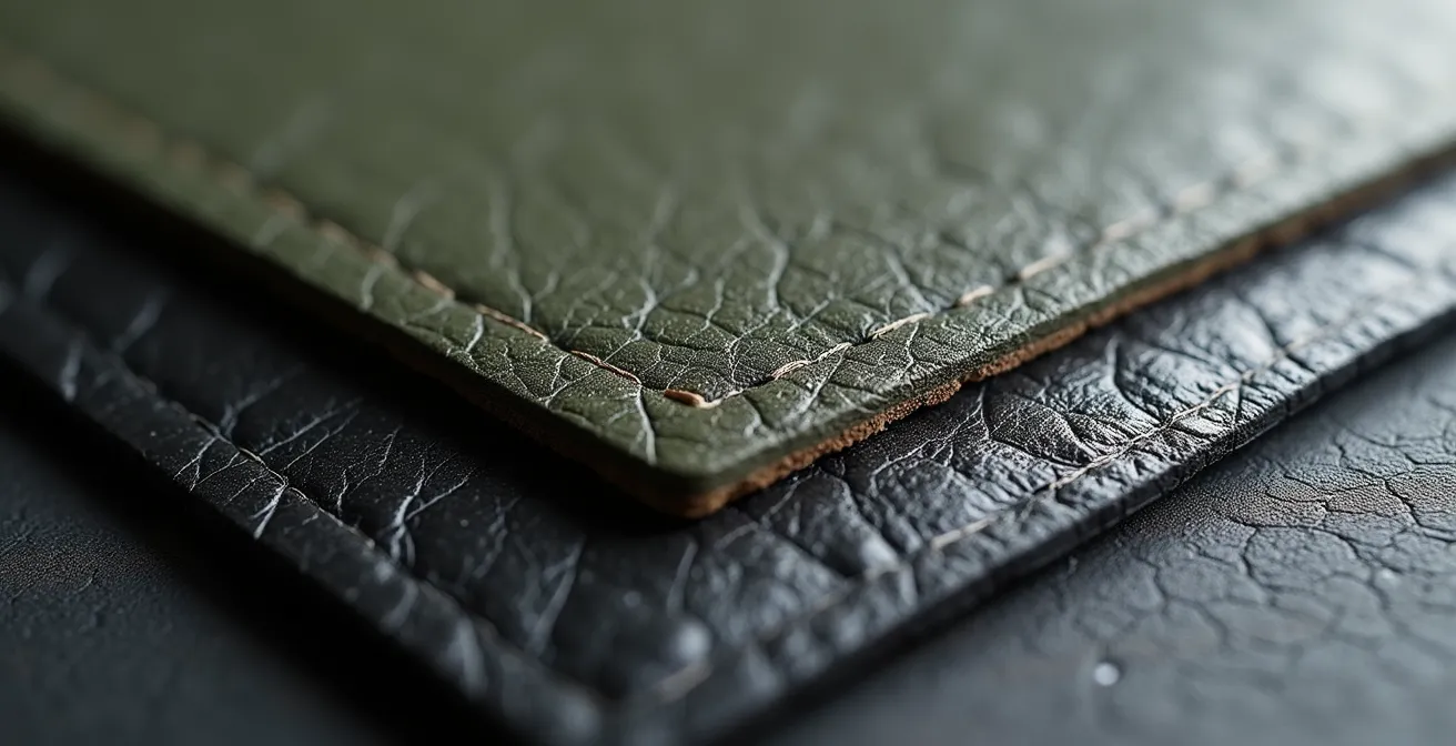 Microscopische close-up van vegan leer toont PU-coating op plantaardige vezels