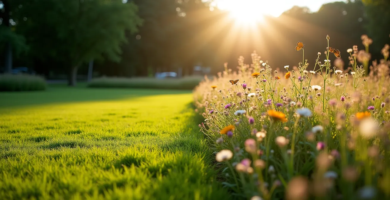Contrast tussen strak gemaaid gazon vakantiepark en wilde bloemenweide