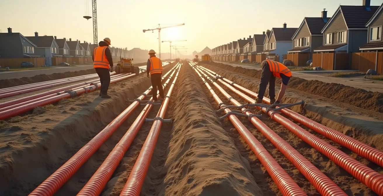 Bouwvakkers leggen kabels en leidingen aan in greppel op bouwterrein