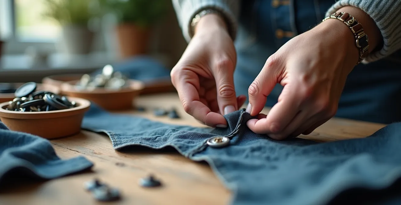 Handen die knopen en ritsen uit kledingstuk verwijderen voor textielrecycling