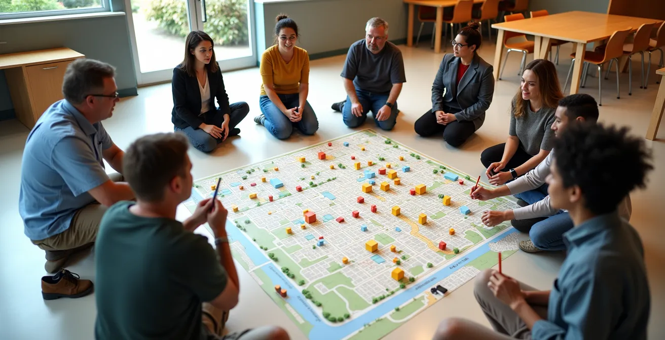 Groep mensen rondom grote plattegrond met gekleurde blokjes