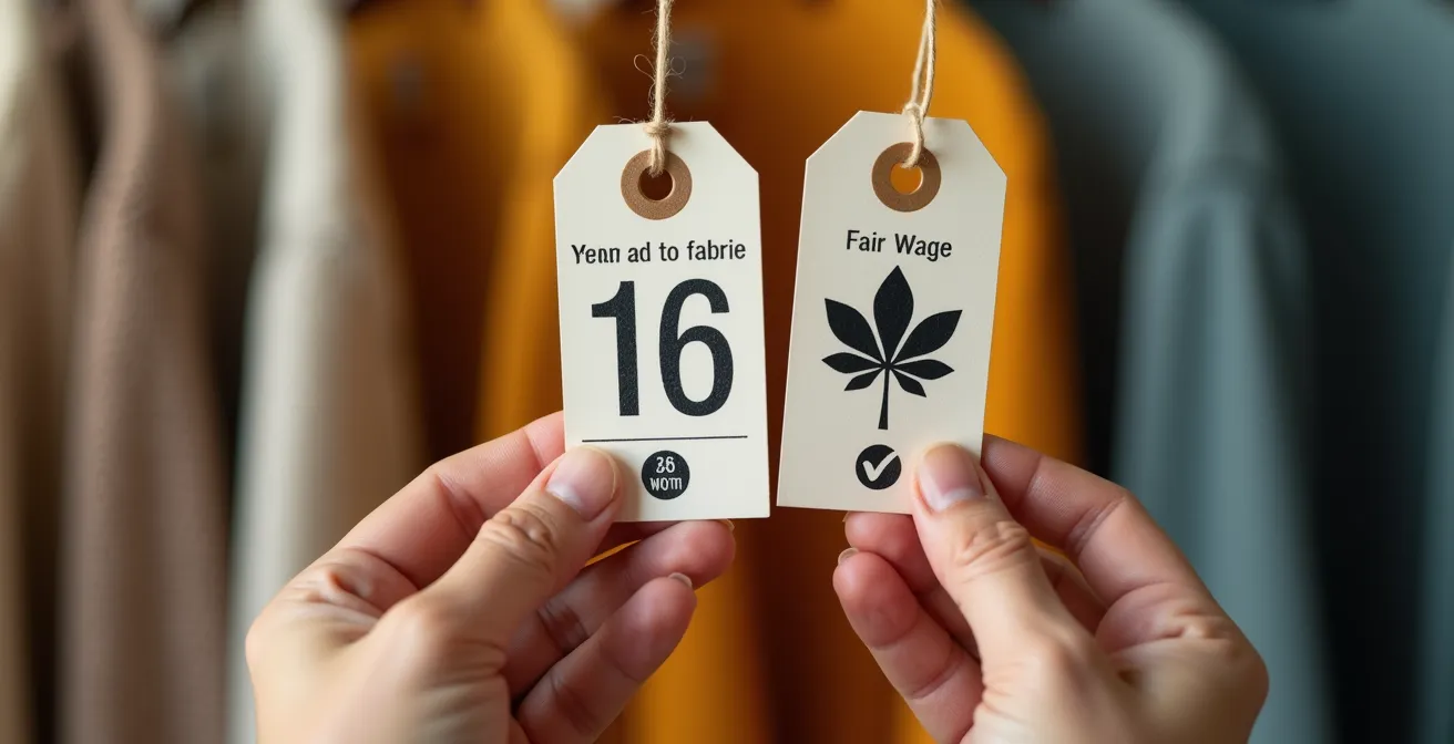 Close-up van handen die twee prijskaartjes vergelijken bij kledingrek