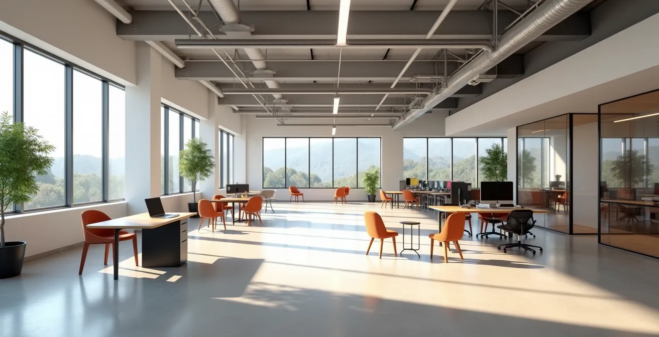 Kantoorruimte met verschillende werkplekken die gradaties van integratie tonen