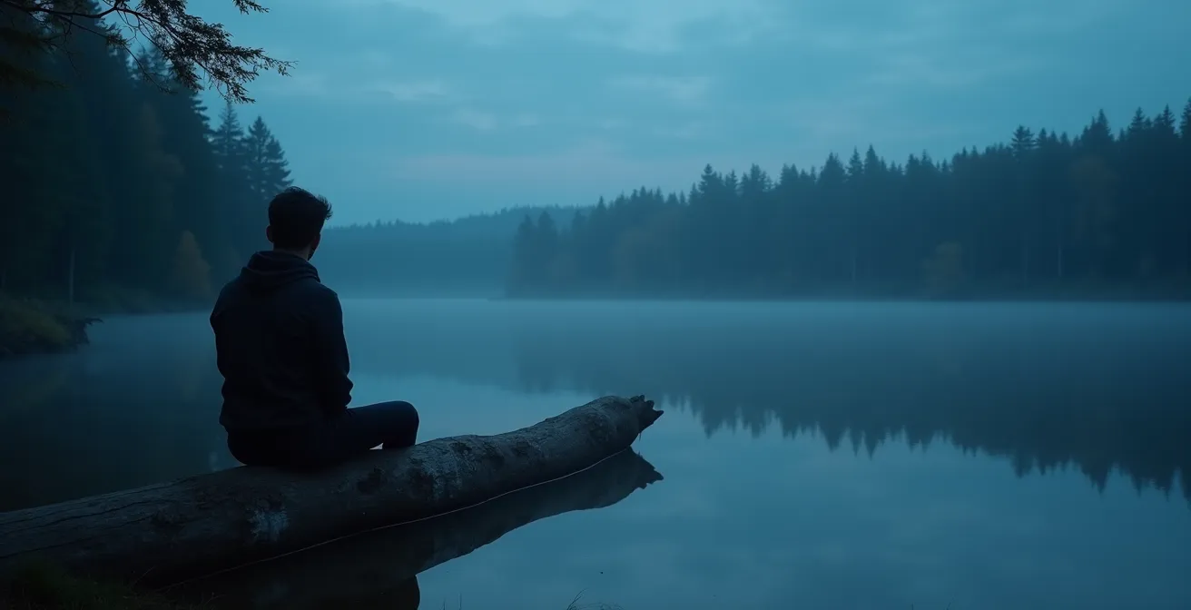 Een persoon zit alleen op een boomstam en kijkt peinzend uit over een spiegelglad meer bij zonsondergang.