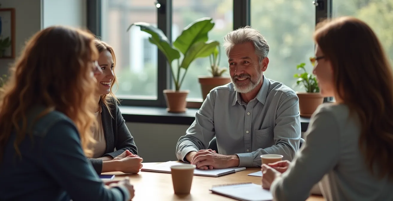 Manager die een team ondersteunt in plaats van aanwijzingen te geven tijdens een werkbespreking