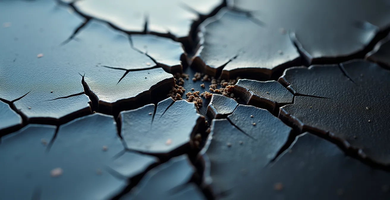 Detail van gebarsten vegan leer na blootstelling aan winterse omstandigheden