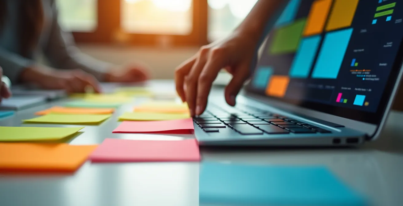 Split-screen weergave van een fysiek whiteboard met post-its links en een digitaal dashboard rechts