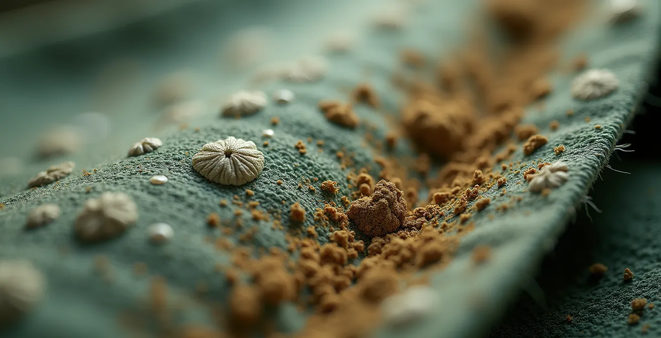 Close-up van composteerbaar textiel label met certificeringslogo in Nederlandse composteerinstallatie