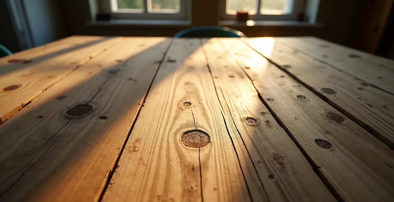 Houten tafelblad met natuurlijke gebruikssporen en warme patina in zachte verlichting
