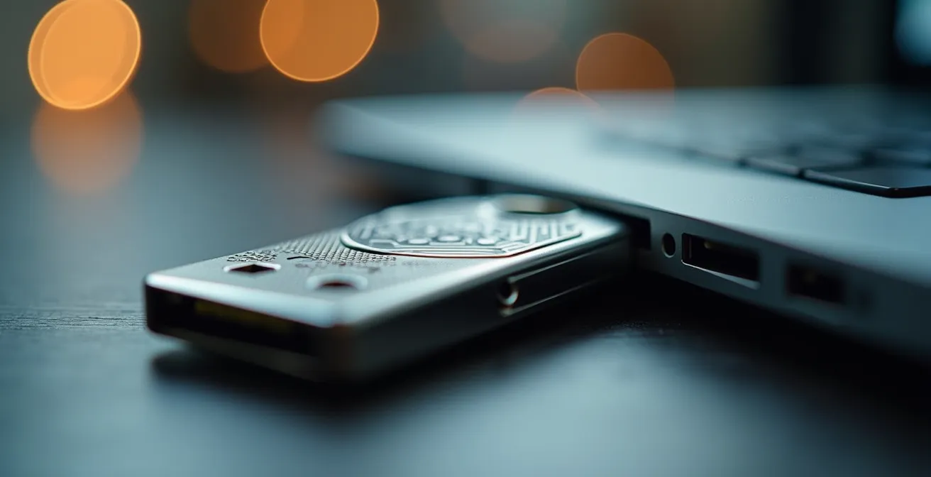 Close-up van beveiligingssleutel en wachtwoordmanager in gebruik