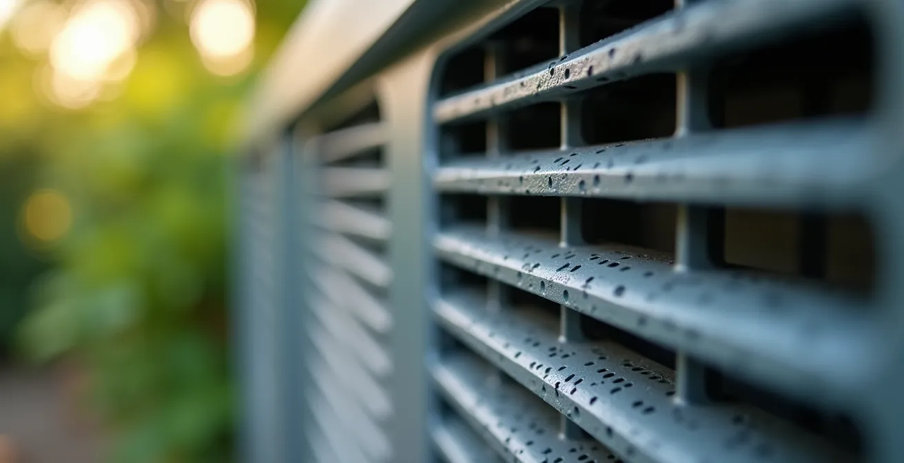 Warmtepomp buitenunit met geluidsdempende omkasting in Nederlandse achtertuin