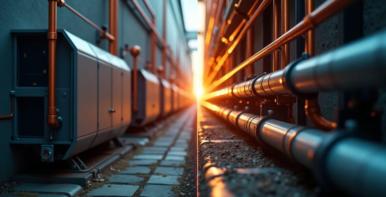 Visuele vergelijking tussen een hybride warmtepomp installatie en warmtenet aansluiting