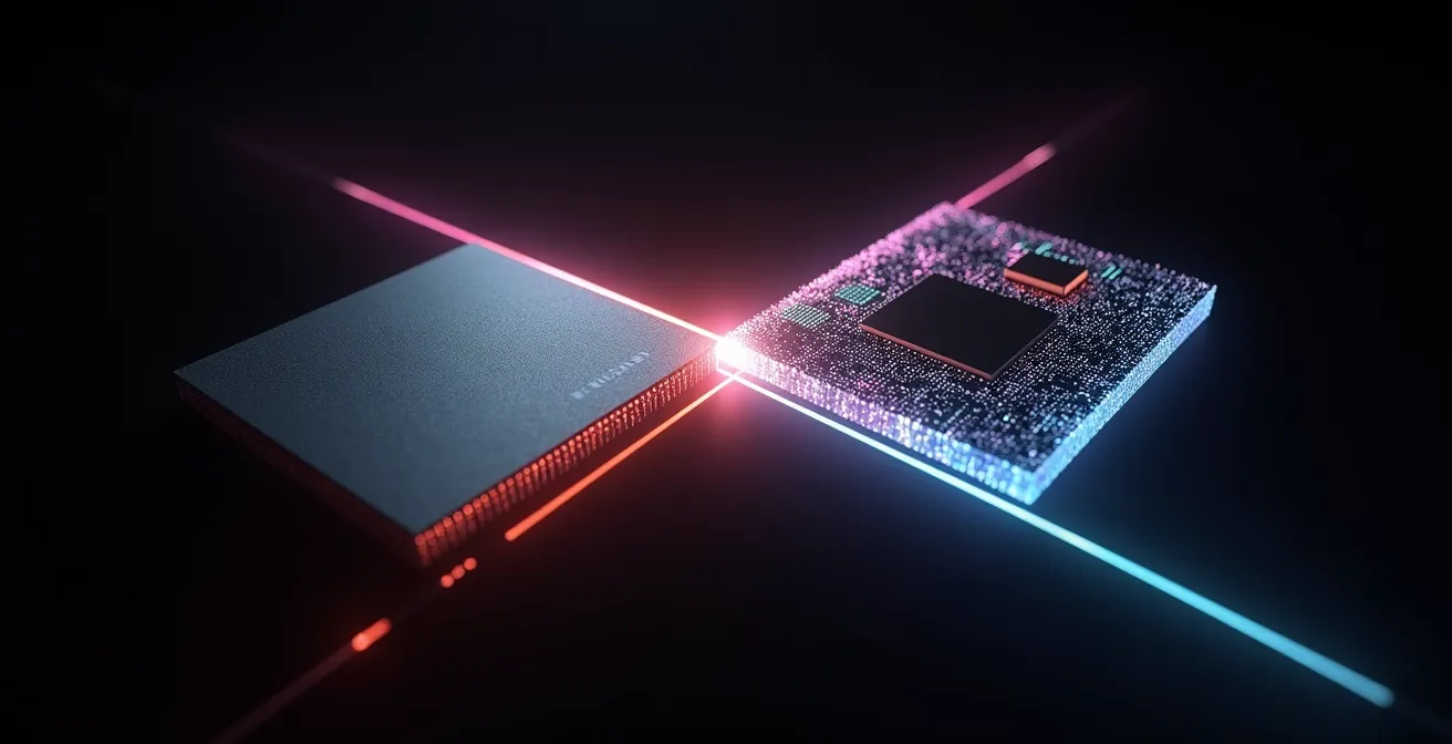 Dwarsdoorsnede van een hybride chip met elektronische en fotonische componenten