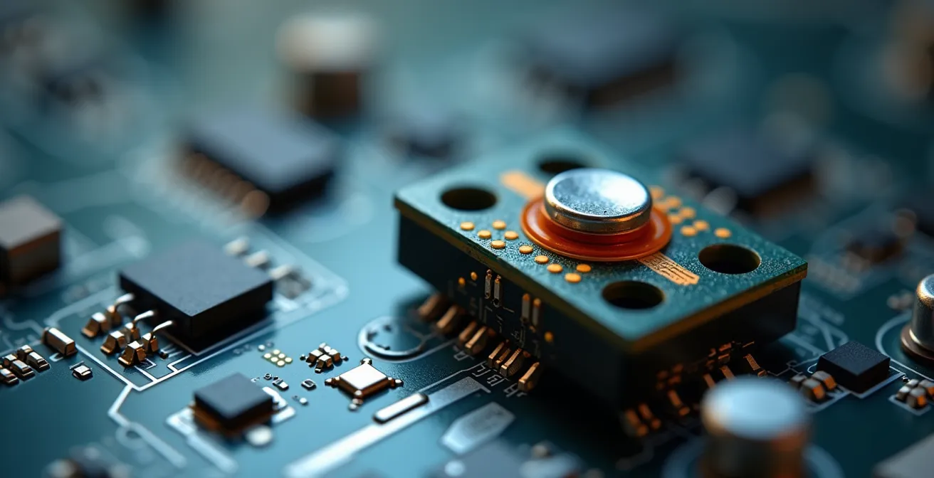 Macro-opname van een kleine vibratiesensor op industriële machine