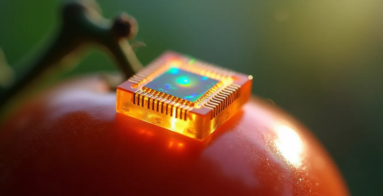 Macro-opname van een fotonische sensor die de rijpheid van tomaten analyseert