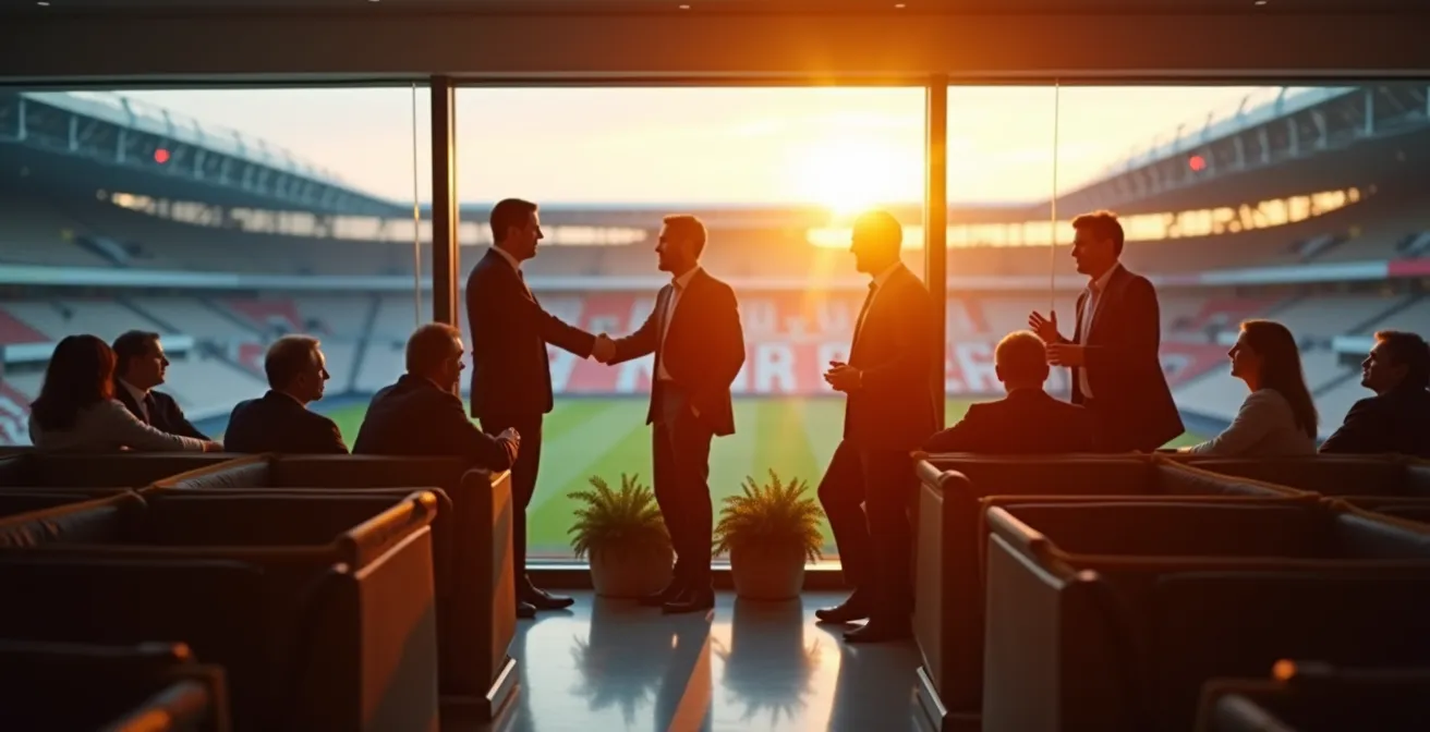 Zakelijke netwerkbijeenkomst in moderne skybox met uitzicht op voetbalveld