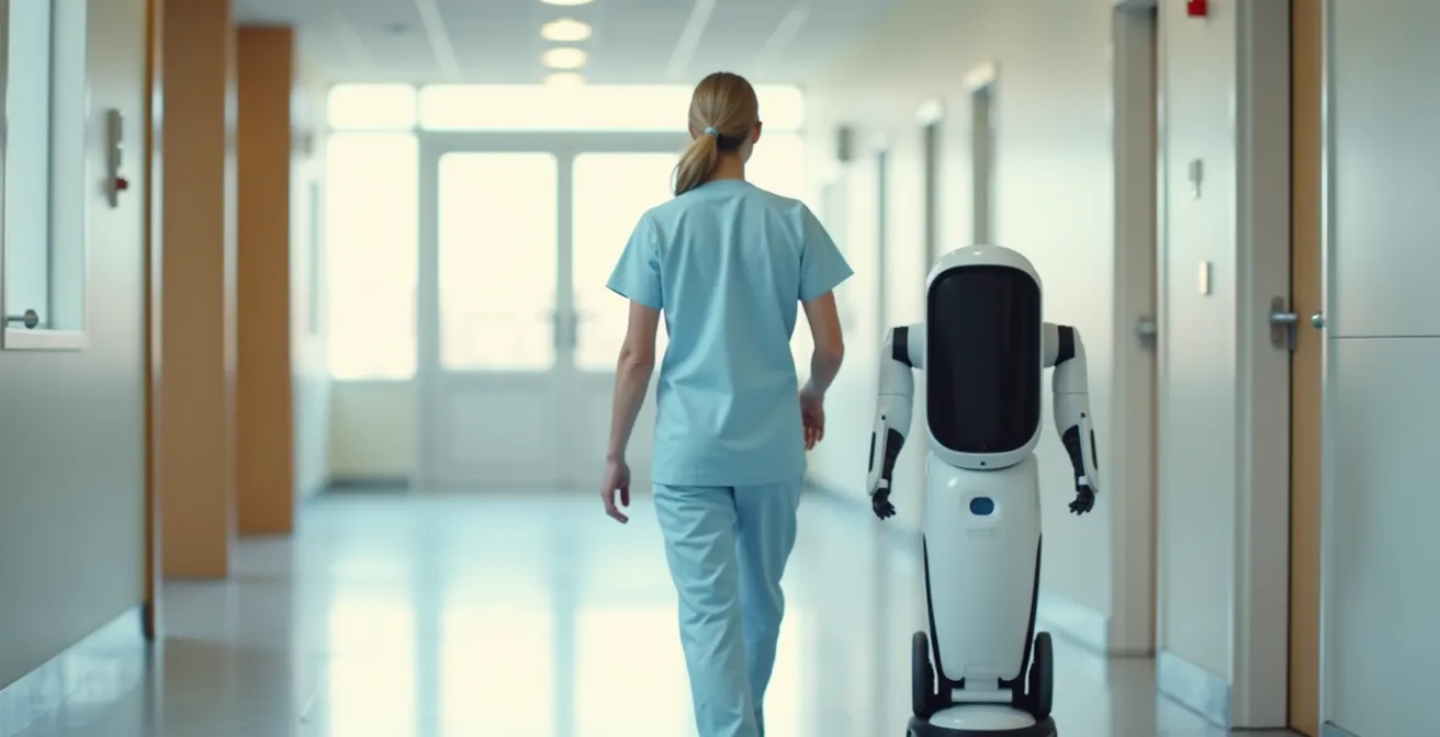 Verpleegkundige werkt samen met zorgrobots in moderne zorgomgeving