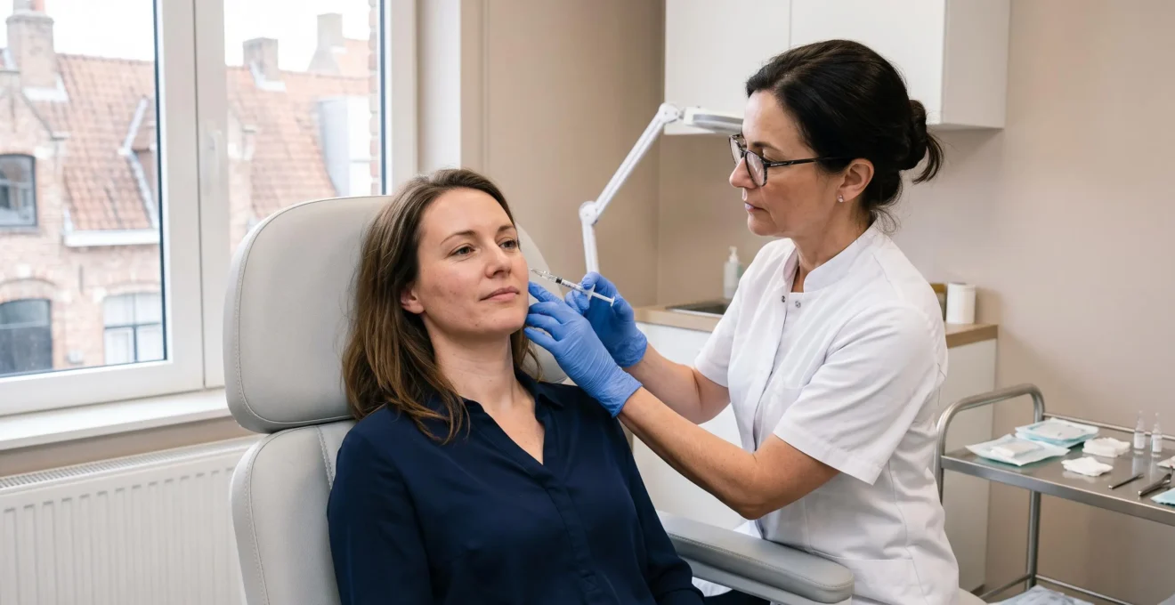Een arts voert een filler-injectie uit bij een zittende patiënte in een behandelkamer van een privékliniek.