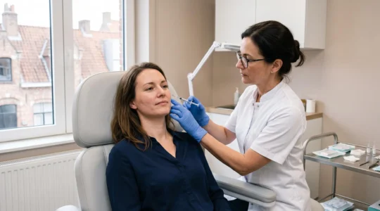 Een arts voert een filler-injectie uit bij een zittende patiënte in een behandelkamer van een privékliniek.