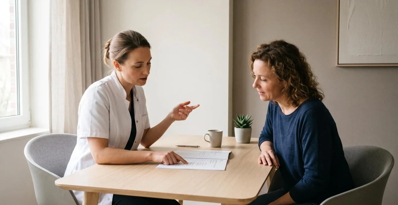 Een patiënte bespreekt met een arts een checklist tijdens een consultatie in een privékliniek.