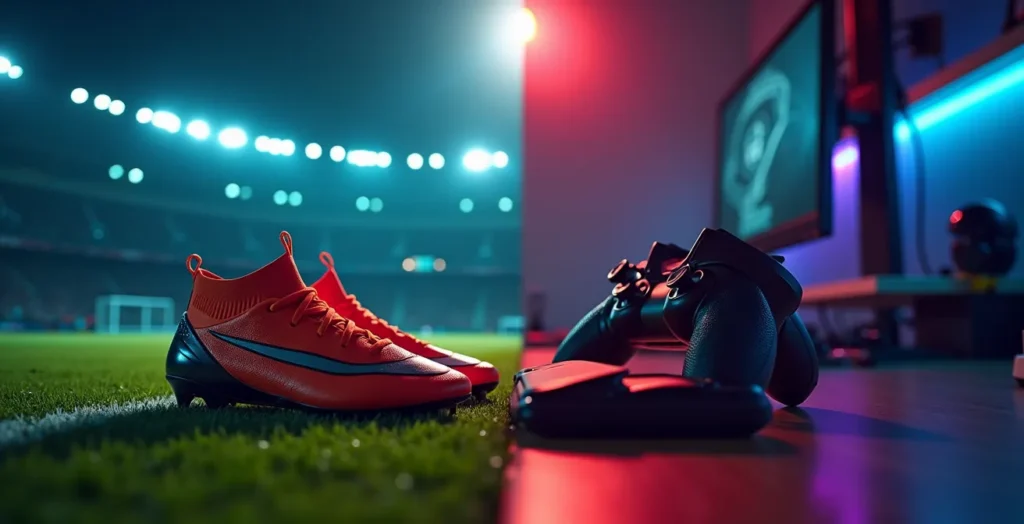 Split-screen compositie van voetbalstadion en esports gaming setup Split-screen compositie van voetbalstadion en esports gaming setup